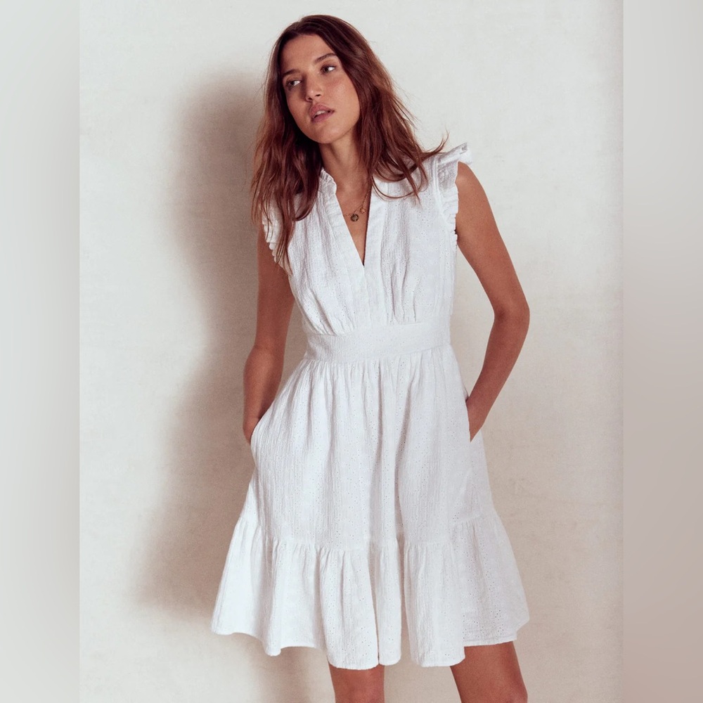 Boden White Ruffle Sleeve Midi Dress